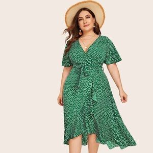 SHEIN Plus Floral Ruffle Trim Wrap Belted Dress